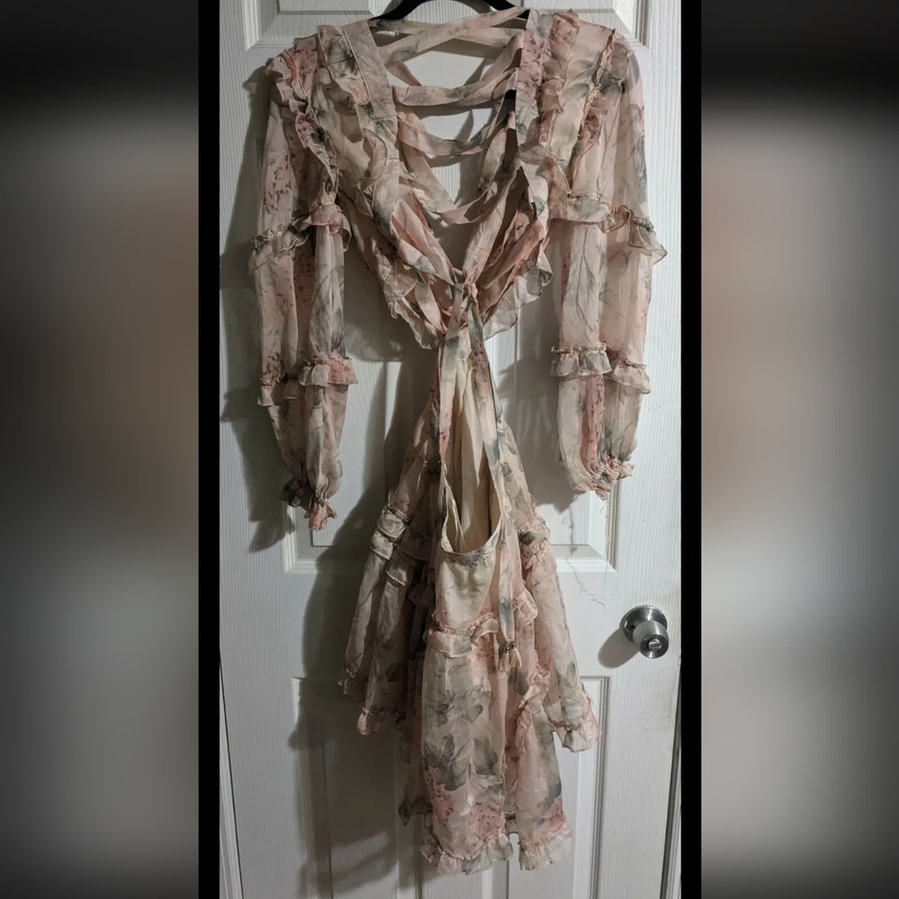 FINAL PRICE Peach Floral Print Dress XS V-Neck Long Slv Ruffly Cutout Lace Back - Picture 7 of 8